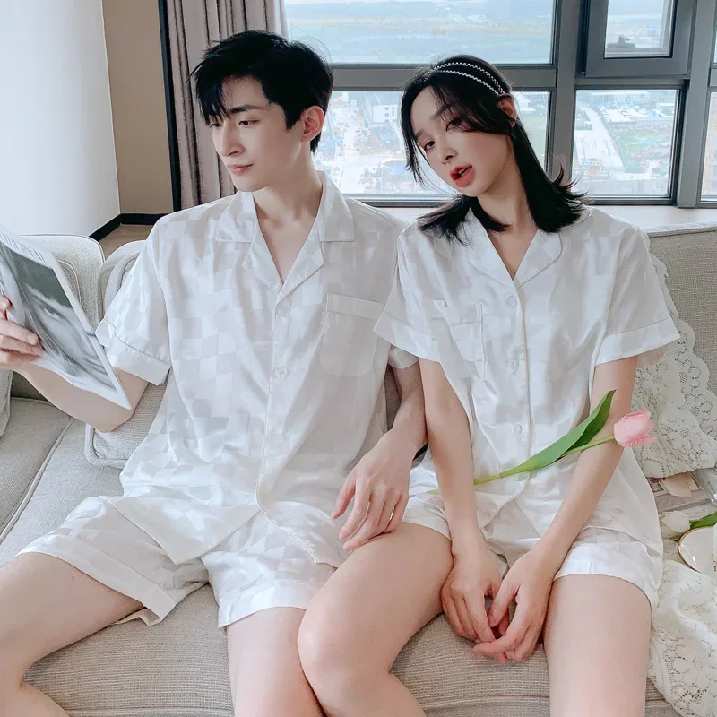 Quality Satin Checkered Pajamas Suit Women Spring Autumn Couple Sleepwear Summer Men Ice Silk Short Sleeve Home Wear Female Male