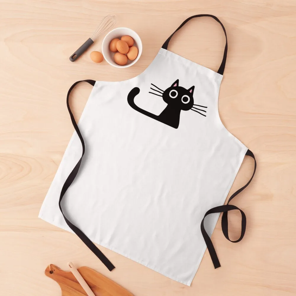 

Cutie Kitty Cat Wide Eyed Black Kitten Apron Customizable Camping Chef Accessory For Kitchen Women Apron