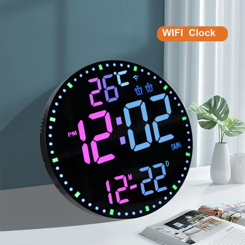 Smart Wifi Colorful LED Large Digital Wall Clock Temperature Date Week Display Dual Alarms Digital Clock 12/24h HomeDecor Remote 3