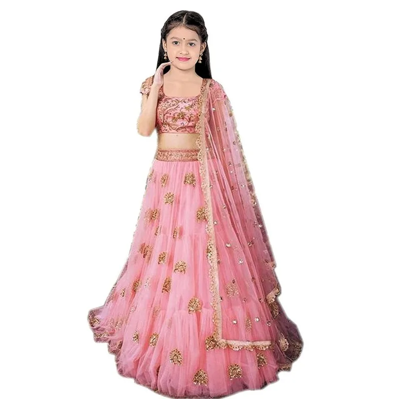 Abbigliamento Etnico Vestito Per Bambini Ragazze Rosa Lehenga Choli Set Di Abbigliamento Festivo Indiano