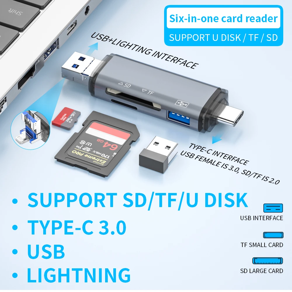 

Camera card reader high-speed usb3.0 typec interface, lighting interface Camera card for iPhone and notebook