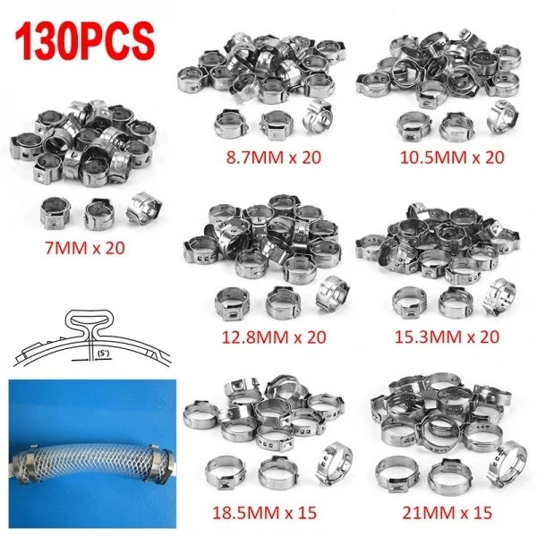 Single Ear Stepless Mangueira Grampos Set, Mangueira