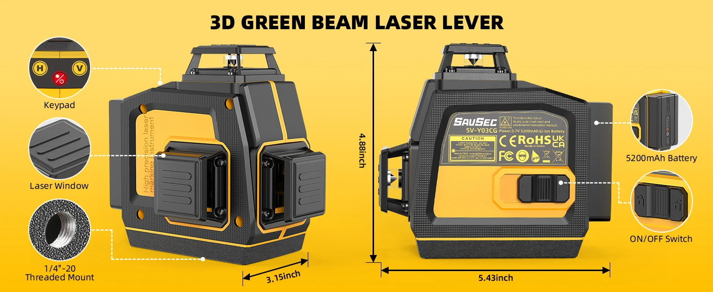 Laser Level 360° Self Leveling  3D 12 Lines Green Laser Cross Line with Remote C