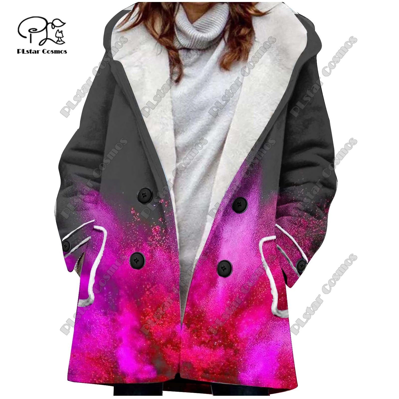 3D printing retro gradient pattern printed hooded fleece jacket warm women's jacket winter casual gift series new style -3