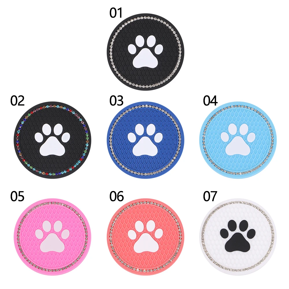 Silicone Diamond Rhinestone Dog Paw Cup Holder Car Coasters Anti Slip Mat Interior Decor