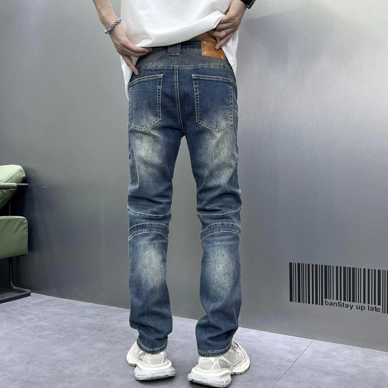 Blue retro biker's jeans for men2024new slim straight stretch casual patchwork pleated design long pants