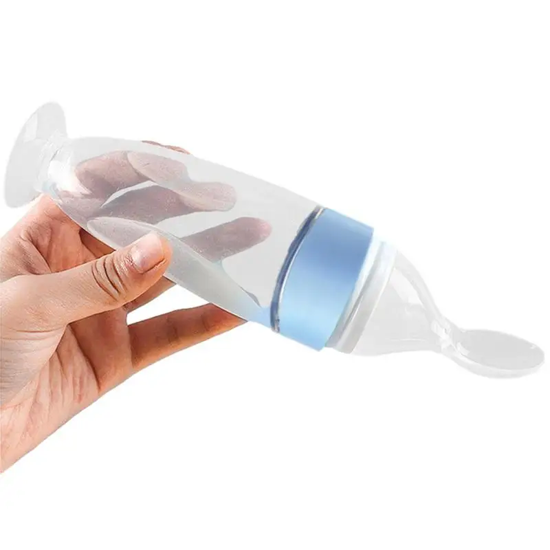 

Silicone Baby Feeder Baby Squeeze Feeder With Spoon Blue/Silicone Baby Spoon Feeder Bottle Milk Feeder For 3 Months Babies