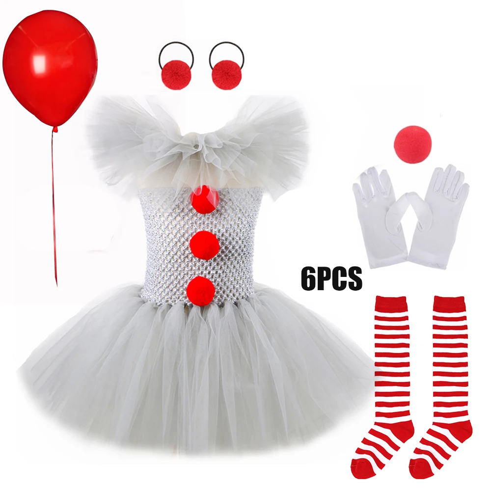 thumbnail image 1 of Disfraz de payaso de Halloween para niñas, vestido de tutú para niños de 2 a 12 años, ropa gris de fantasía para carnaval, conjuntos de Cosplay de Joker para fiesta, 1 of 5