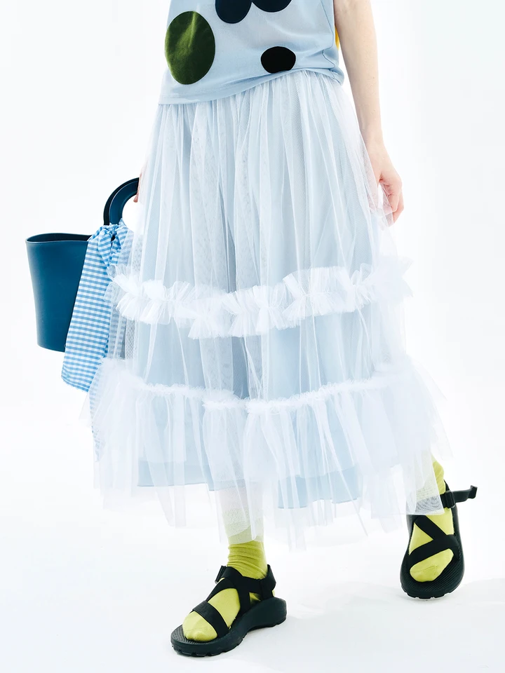 イマココニ-レディースミディアムブルーヤーンスカート ハーフスカート レースデザイン サマー 244724 2023 イマココニ-レディースミディアムブルーヤーンスカート、ハーフ