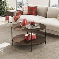 Round Coffee Table for Living Room, Small Coffee Table with Open Storage Shelf, 2-Tier Industrial Circle Wood Center Table 1