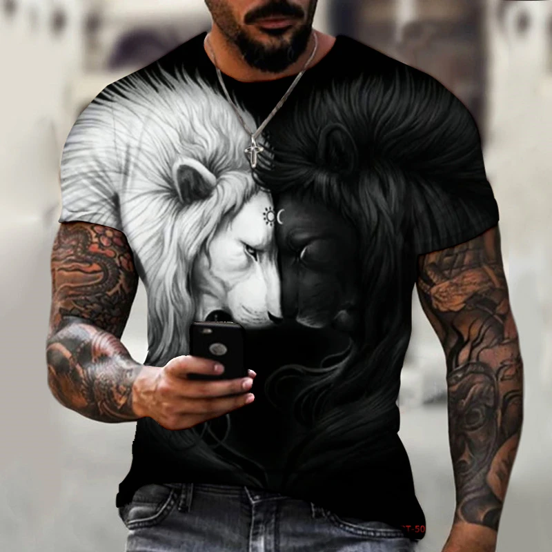 Summer T Shirt Animal Lion 3D Printed Short Sleeve Streetwear Oversized Tops Casual Outfits Fashion Black and White Men's Tee - Image 3