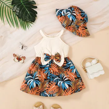 0-3 Years Toddler Baby Girl Fashion Dress Sleeveless Camisole Skirt with Bow+Hat Infant Summer Beach Vacation Style Dress Set 1