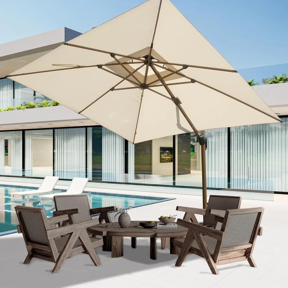 10FT Cantilever Patio Umbrella, Outdoor Umbrella Windproof,Wood Grain Aluminum Square Offset Sun Umbrella w/360 Degrees Rotation 2
