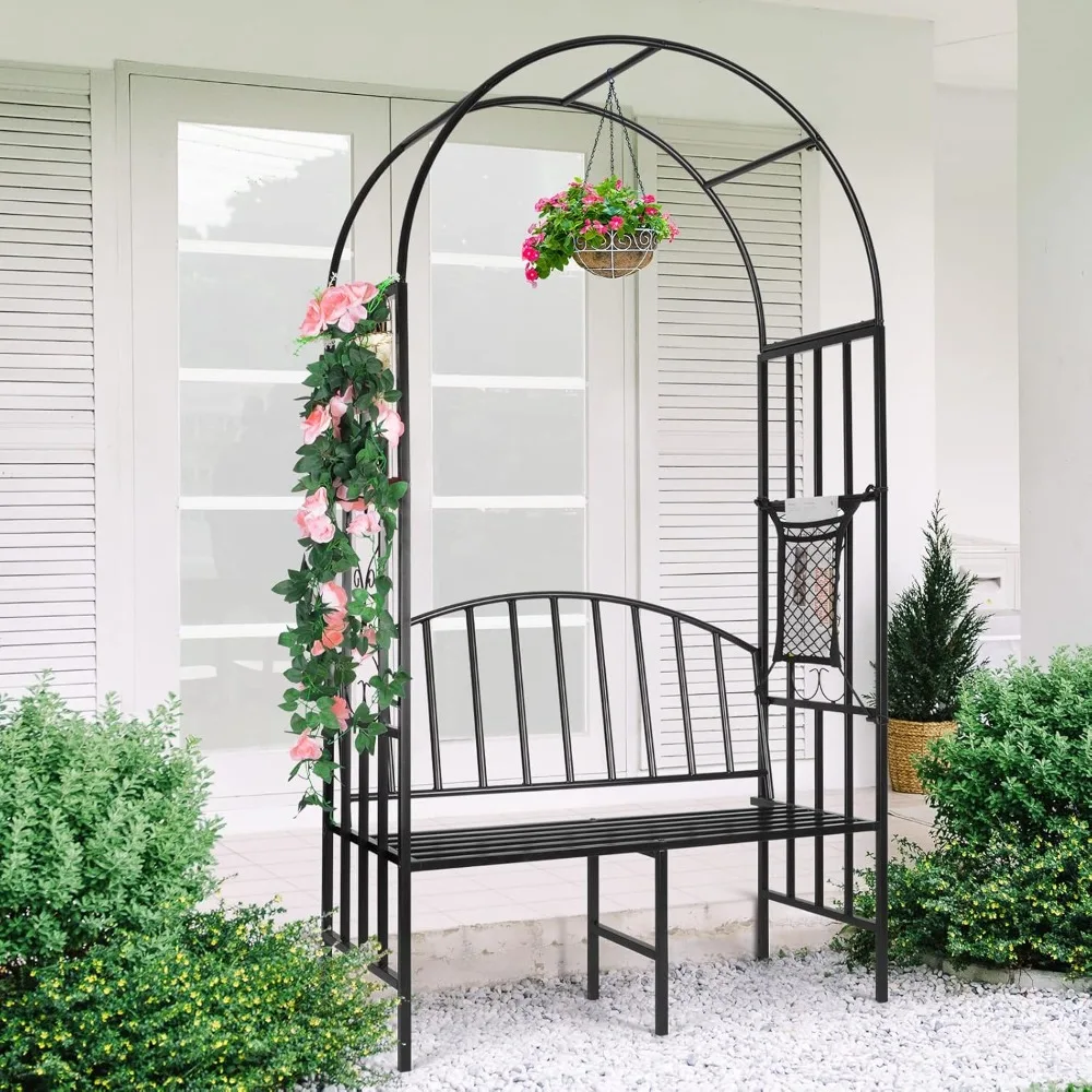 Garden Arch Heavy Duty (Holds 660lbs-250kg) | Metal Arbor Archway for Climbing Plant & Two People Seat Bench |Outdoor Lawn Backy