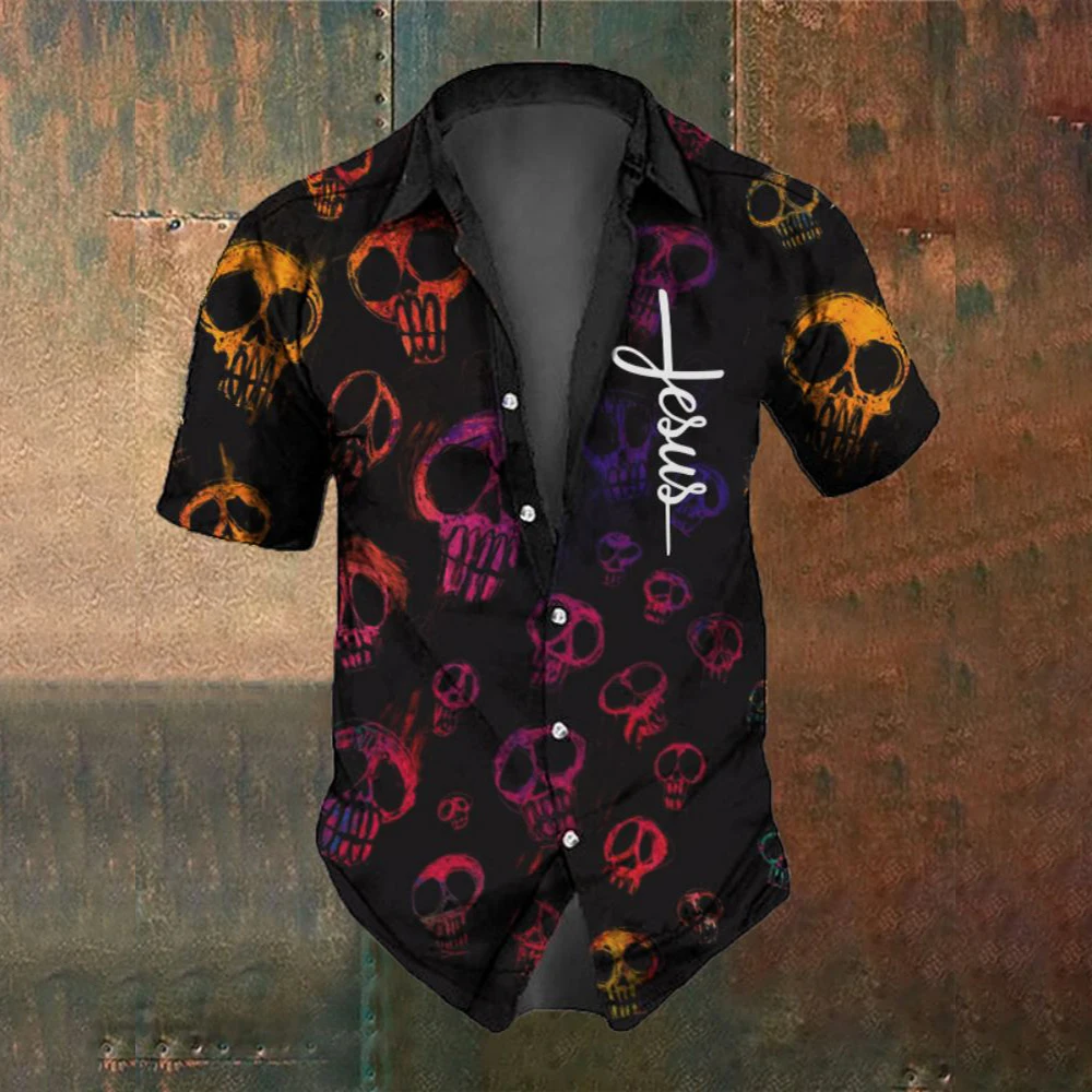 Retro Horror Skull Men's Short Sleeve Shirt Summer Fashion Skull Print Street Casual Trendy Men's Shirt Oversized Top SIZE S-5XL 3