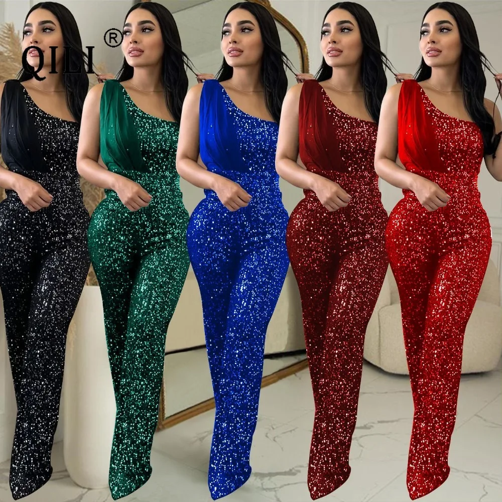 QILI-Women's One Shoulder Sequined Romper, Sleeveless Jumpsuit, Elegant Fashion, Black, Green, Red