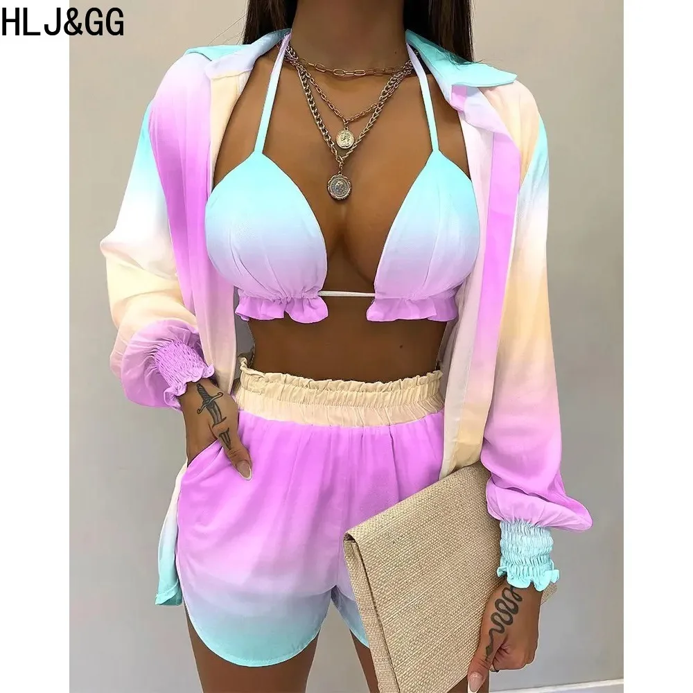 HLJ&GG Fashion Gradient Tie Dye Printing Shorts Sets Women Bra+Long Sleeve Shirt+Shorts 3 Piece Outfits Casual Female Streetwear