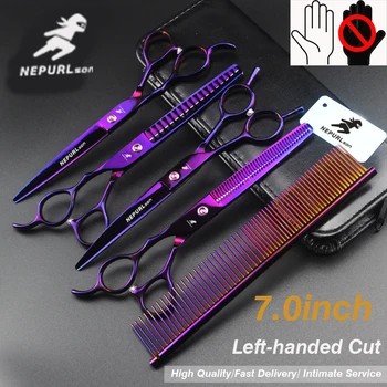 Kit de aseo profesional para mascotas de 7 ", tijeras de adelgazamiento directo y piezas curvas, 4 piezas, corte para zurdos