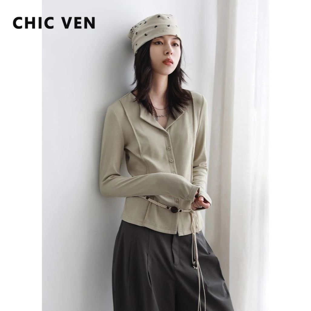 CHIC VEN femmes Cardigan décontracté nouveau petit revers à manches longues T-shirt mince femme tricoté chandails sport printemps automne 2025 1 CHIC VEN femmes Cardigan décontracté nouveau petit revers à manches longues T-shirt mince femme tricoté chandails sport printemps automne 2025 1