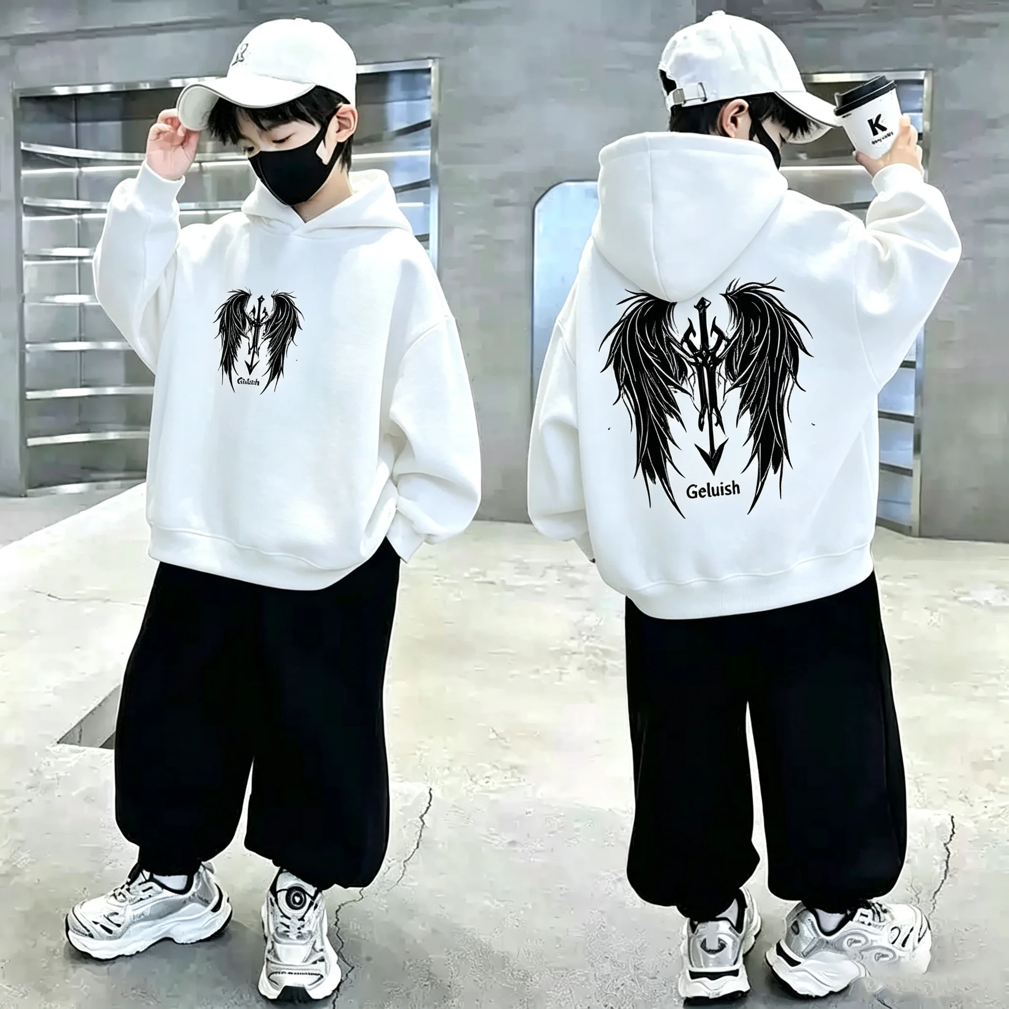 Boys Hoodie Streetwear Angel Wings Trident Print Kids Loose Hooded Sweatshirt Casual Teen Pullover