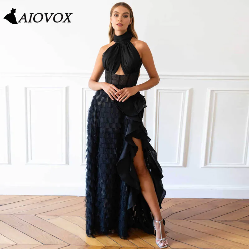 

Prom Party Dresses For Women Halter Merimaid Hollow Out Ruffles Evening Dresses Floor Length Split Side Vestidos De Noche Aiovox