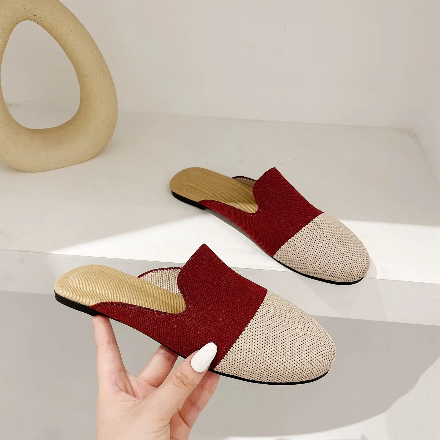 2024 Ladies Slides Women's Casual Slippers new women's pointed bun head half tow woven flat shoes