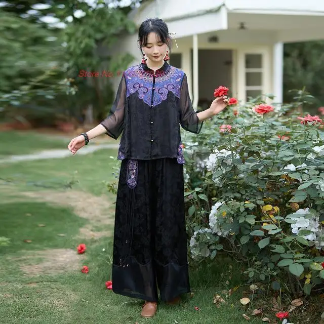 chinese vintage flower embroidered pants traditional satin jacquard mesh trousers national elastic waist wide leg pants