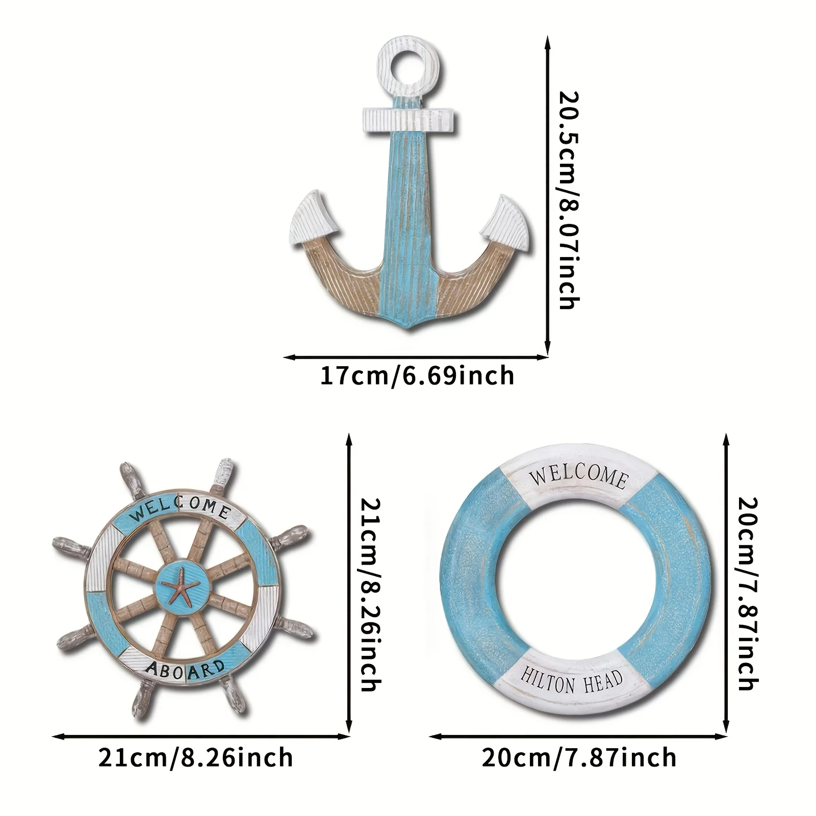 1 set di decorazioni per la casa a tema nautico, con ancora in legno, timoni e salvagenti, decorazioni da parete a tema oceano, decorazioni nautiche per interni, utilizzabili per decorare le pareti a feste all'aperto e riunioni in giardino. - immagine 2