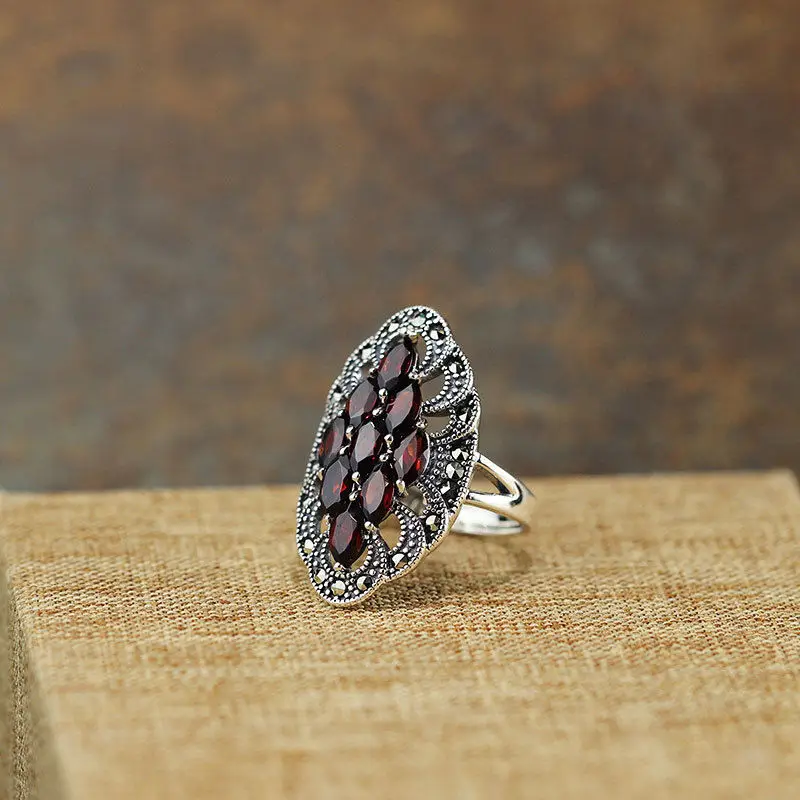 Antique Rhombus Long Garnet S925 Sterling Silver Thai Craft Women's Green Zircon Index Finger Rings Pendants Female |