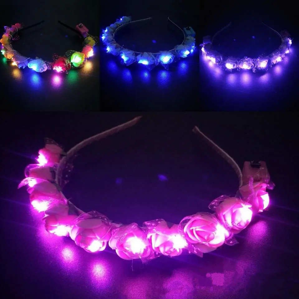 Leuchtender Rosenblüten-Haarreif LED-Lichtkranz für Frauen Mädchen Braut Hochzeit Party Haarband Weihnachten Valentinstag Geschenke