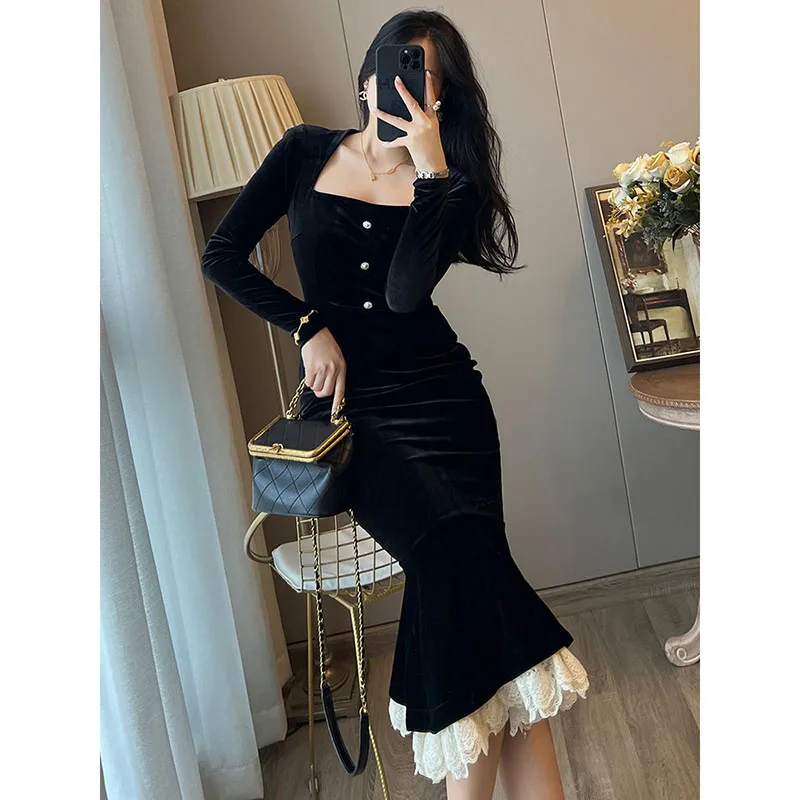 

2023Vintage Velvet Mermaid Party Dresses Women Elegant Lace Patchwork Evening Prom Vestidos Female Autumn Winter Clothes