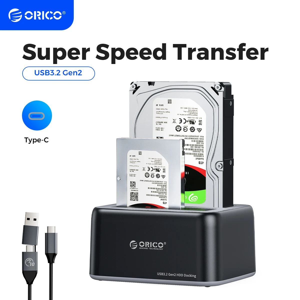 

ORICO SATA to Type-C Hard Disk Docking Station 3.5/2.5"10Gbps Super Speed HDD Case with 12V3A Adapter for PC Computer Hard Disk