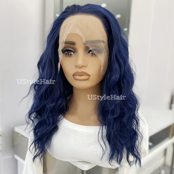 Dark Blue Short Wave Wig 13x4 Lace Front Wig for Women Glueless Natural Hairline Short Blue Wig Heat Resistant Synthetic Hair