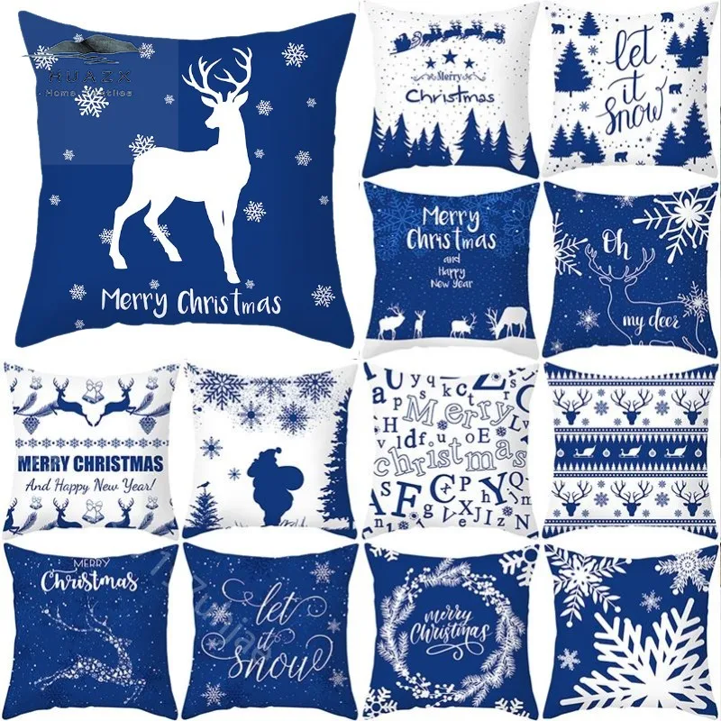 

Blue White Series Deer Snowflake Pillow Case Christmas Tree Print Cushion Cover Home Sofa Living Room Ornament Throw Pillowcase