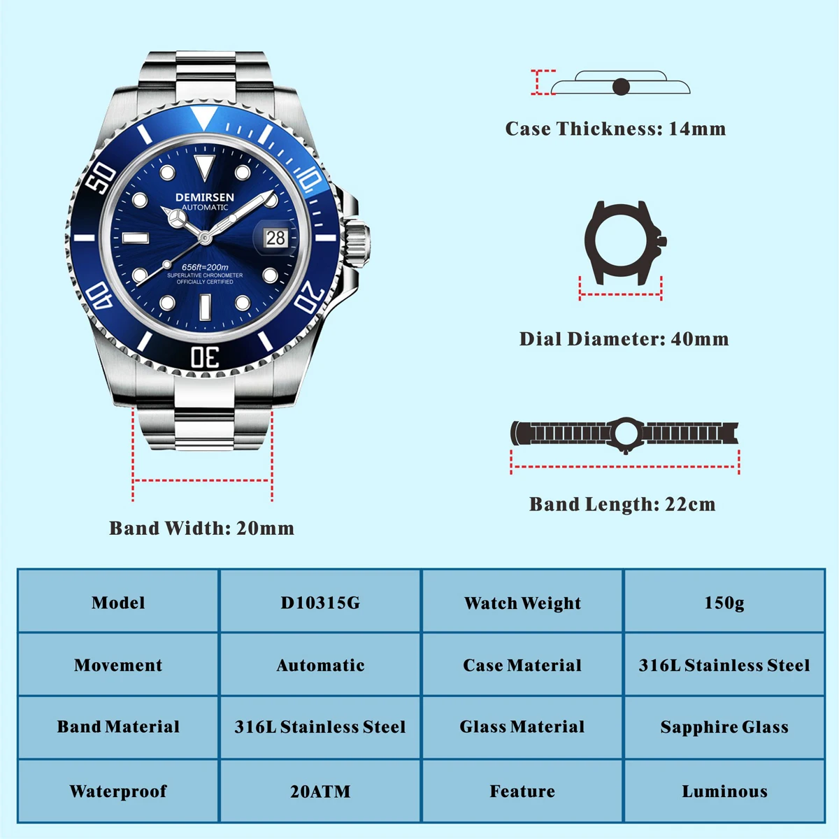 Demirsen Marca de Luxo Mergulho Militar Esporte Relógios Movimento Gaivota Mecânico Automático à Prova Dwristver Água Data Reloj - Image 2
