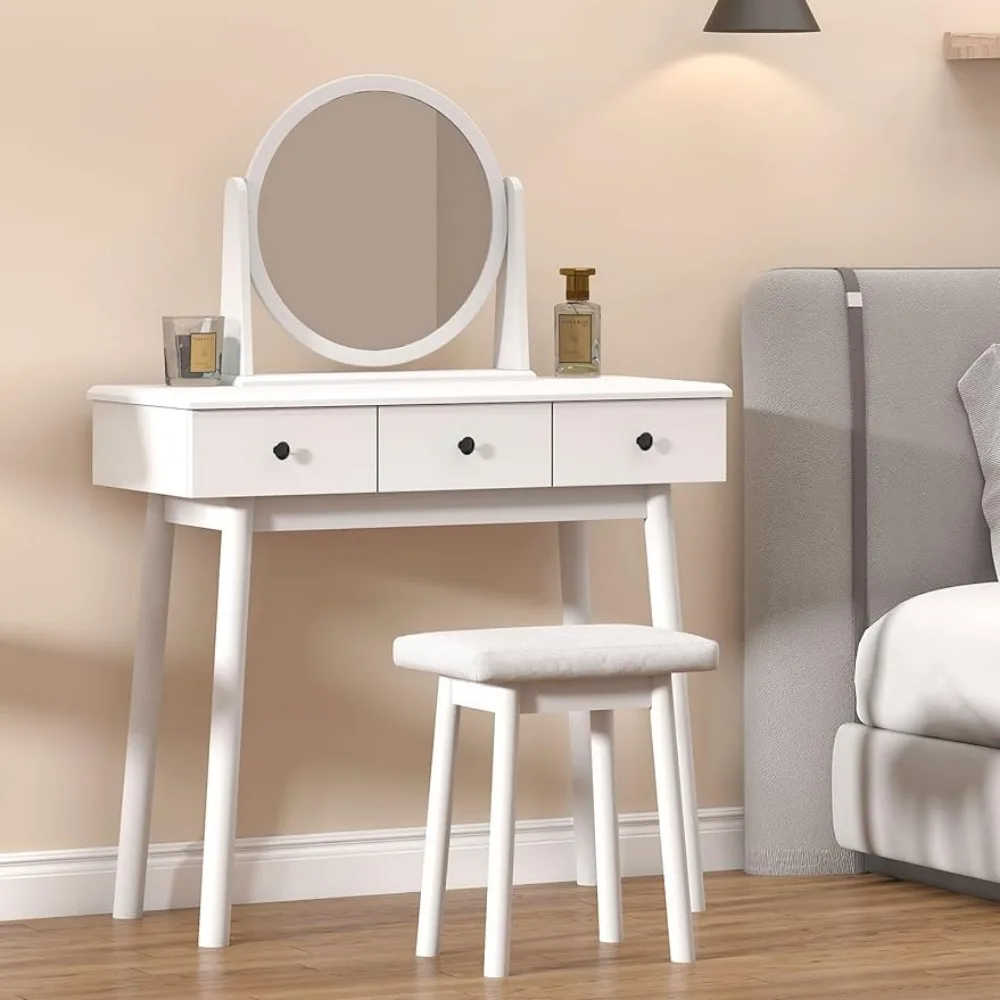 

Makeup Vanity Table Set,3-Drawer Dresser Desk,360° Pivoting Round Mirror,Cushioned Stool,Dressing Table Set,White