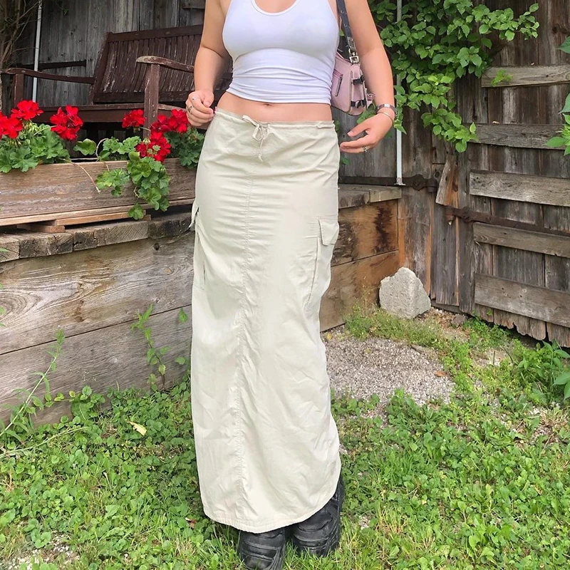 

y2k Harajuku Women's Long Skirts Aesthetic Women Drawstring Low Waist Skirt Streetwear Grunge Fairy Core Clothes 2000s Skirt