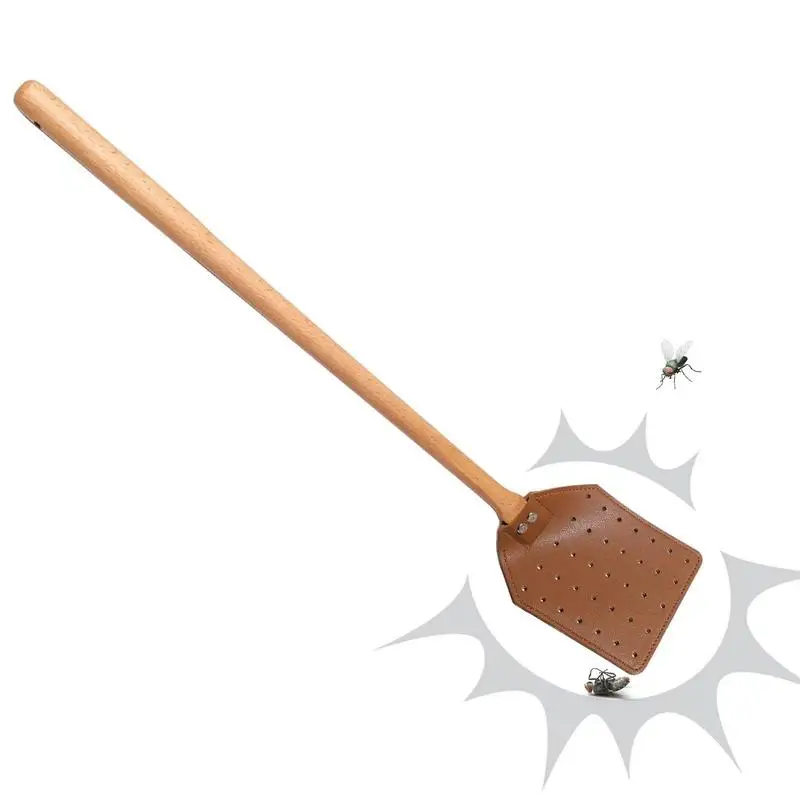 

PU Leather Fly Swatter With Long Wood Handle Sturdy Durable Flyswatter For Indoor And Outdoor Pests Control Rustic Swatter