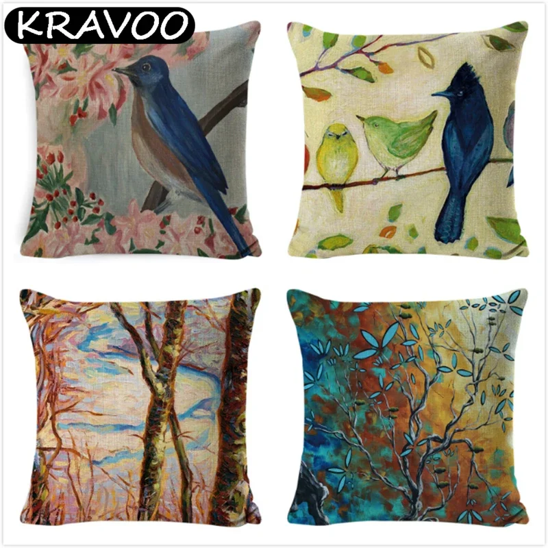 

Colorful Watercolor Floral Birds Tree Cushion Cover Cotton Linen Lumbar Pillow Case Waist Throw Pillow Cover 45*45cm Pillowcase