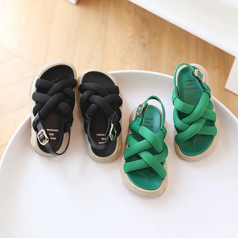 

2023 Summer New Girls Sandals Princess Soft Sole Green Beach Shoes Children Knit Sandals