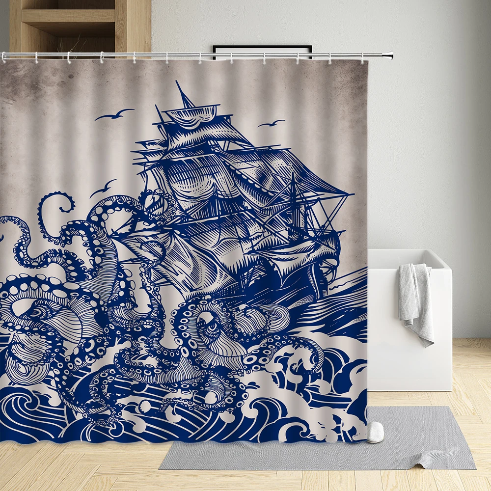 Navigazione Barca A Vela Timone Ocean Animals Tenda Da Doccia Shell Starfish Ippocampo Meduse Bussola Lifebuoy Bagno Decor