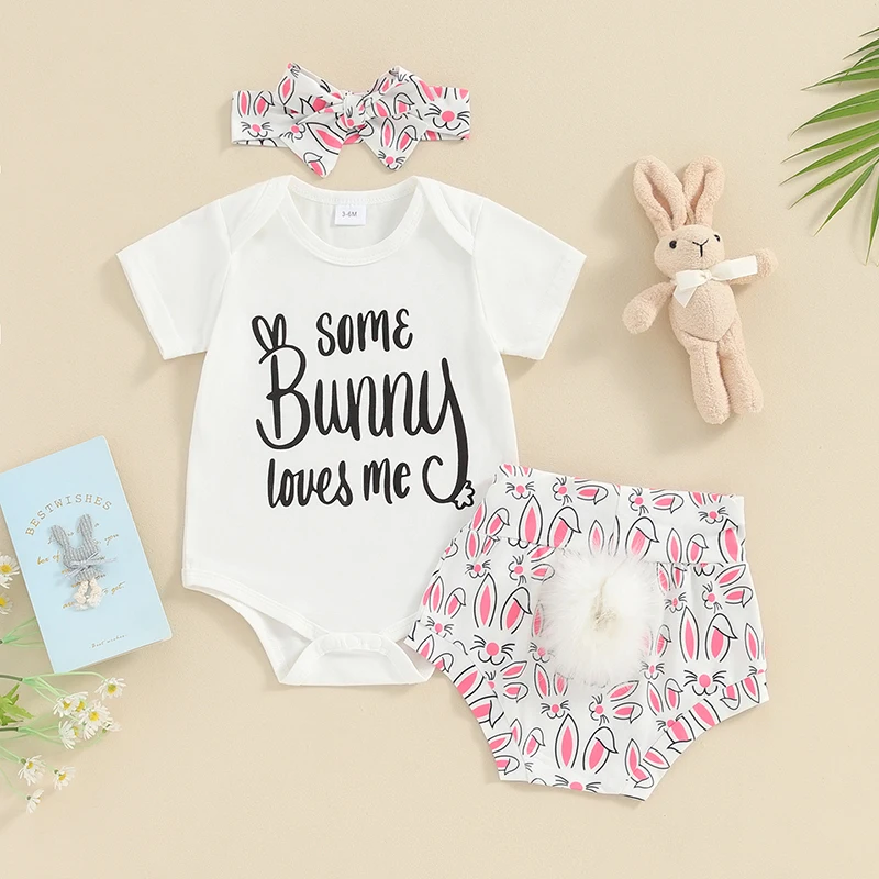 

2023-12-09 Lioraitiin Baby Girls Easter Shorts Sets Short Sleeve Letter Print Romper Tops Bunny Print PP Shorts Headband Sets