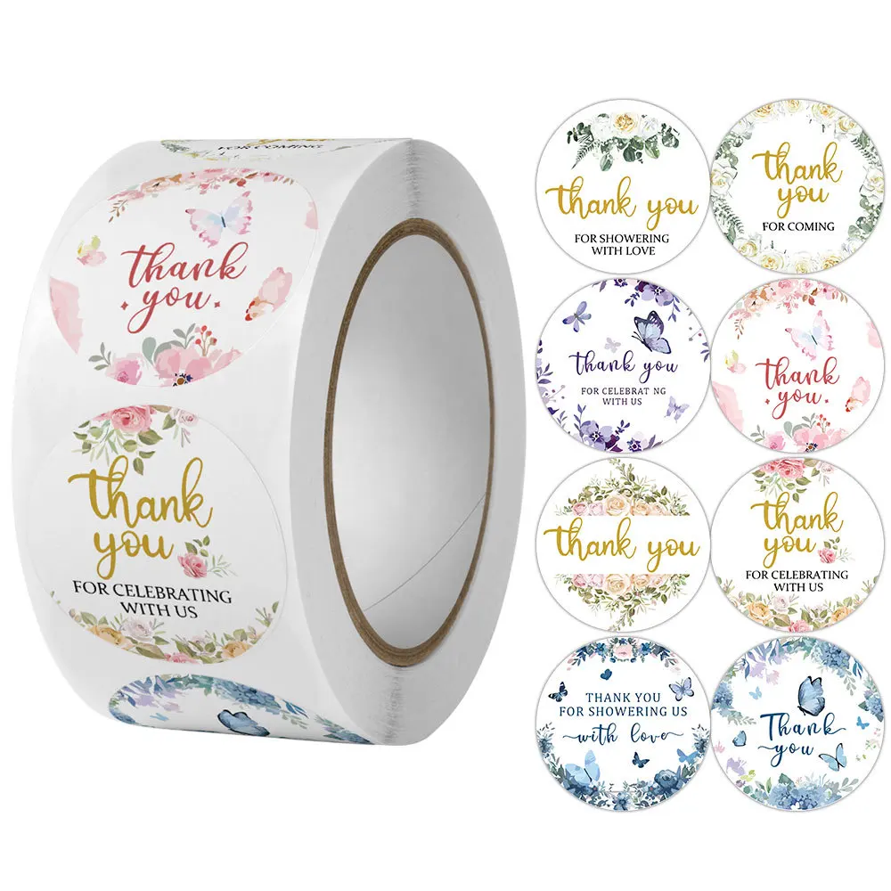 

100-500Pcs 1inch Romantic Flowers Thank You Stickers Roll for Envelope Wedding Jewelry Box Stationery Seal Sticker Gift Lable