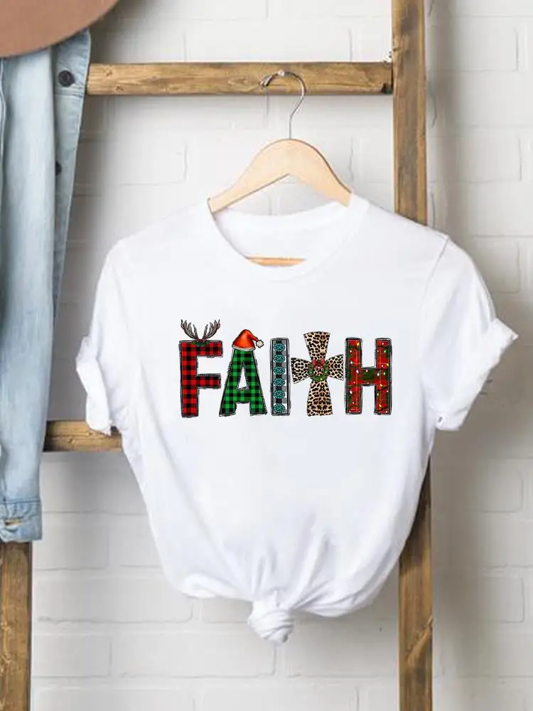 

Рождественская модная футболка с графическим принтом и круглым вырезом, Новогодняя леопардовая футболка с буквами 90-х, милая трендовая Женская одежда, Женская Повседневная футболка, футболка