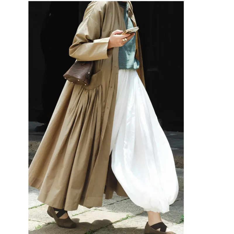 

Women's Hand Pleated High-Count Cotton Windbreaker Dress, Large Loose Trench Dress, Autumn and Winter, A0805