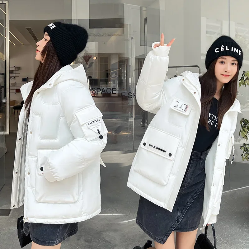

Short Winter New Korean Fashion Patch Multi Pocket Hooded Cotton Coat