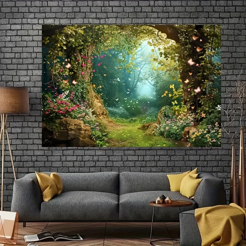 Bezaubernder Wald-Polyester-Fotohintergrund, Märchenland, Pilz, Blume, Schmetterlingshintergrund – Detail 3