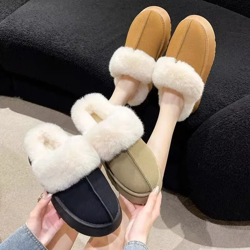 Pantofole Invernali In Cotone Peluche Scarpe Basse Da Donna Nuova Piattaforma Casual Casa In Pelliccia Scamosciata Infradito Con Slingback Caldo
