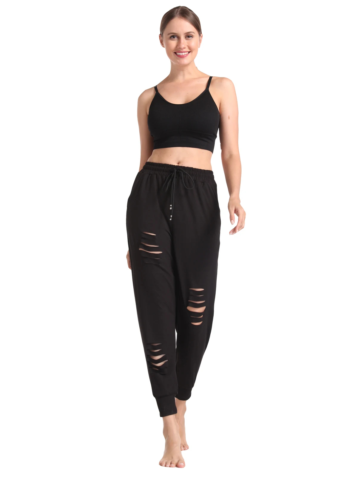 Ladies Elastic Waist Fashionable Ripped Pants Casual Versatile Streetwear Long Pants for Women Ropa Mujer Sweatpants YT91018-1