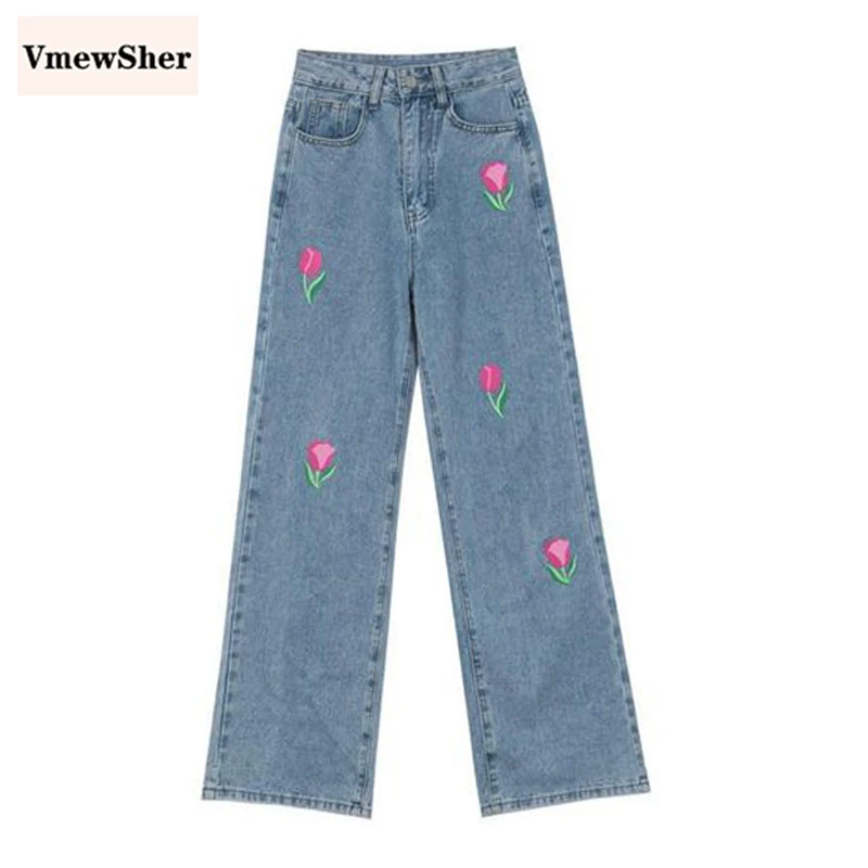 

VmewSher New Wide Leg Jeans Women Flower Print High Waist Cute Sweet Girls Baggy Denim Pants Preppy Style Loose Trousers 2023